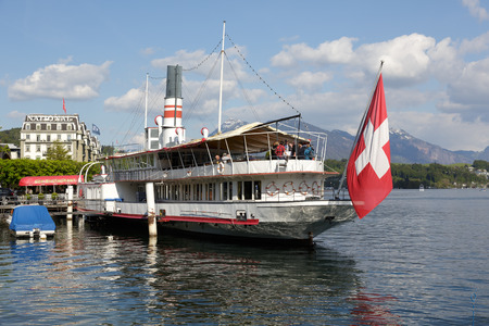 LUCERNE, SWITZERLAND - MAY 04, 2016: Wilhelm Tell steamship, built in 1908, then restored to its original splendor, nowadays is permanently anchored and invites on board to the well known restaurantのeditorial素材