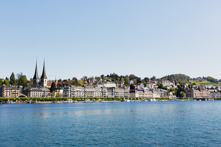 LUCERNE, SWITZERLAND - MAY 05, 2016: Panorama of the city as seen along the promenade by the Lake Lucerne, it provides visitors with stunning views of the historic architecture and beautiful sceneryのeditorial素材