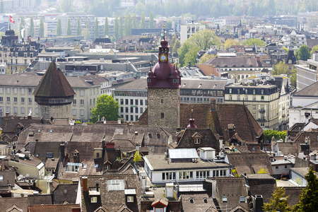 LUCERNE, SWITZERLAND - MAY 04, 2016: Aerial view towards Lucerne's old town with two well known...