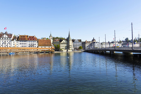 LUCERNE, SWITZERLAND - MAY 05, 2016: Cityscape of the city located by the river Reuss. Unique...