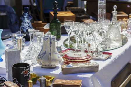 Nice, France - May 17, 2014: Antiques put on sale during the flea market which was held on one of...