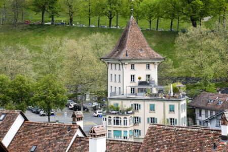 Bern, Switzerland - April 17, 2017: Residential building and its part which looks like a tower...