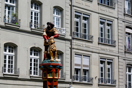 Bern, Switzerland - April 20, 2017: Samson killing a lion, one of many fountains. One of the many fountains in the city worldwide known because of its 16th century fountainsのeditorial素材