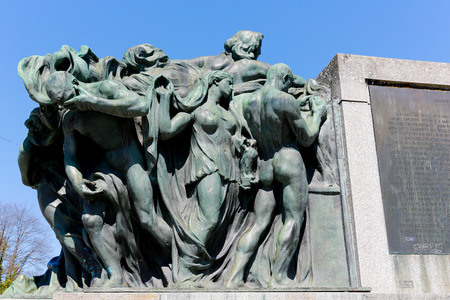 Bern, Switzerland - April 21, 2017: Sculpture depicts human figures, it is part of the World Telegraph Memorial, which was built in 1922のeditorial素材