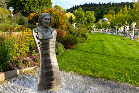 Marianske Lazne, Czech Republic - September 11, 2017: The bust of the composer Petry Hapka has been placed on the pedestal in the form of a keyboard and it is approximately height of about two metres.のeditorial素材
