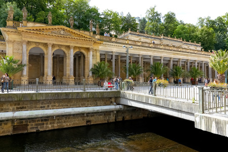 Karlovy Vary, Czechia - September 11, 2017: Mill Colonnade is famous for its thermal mineral springs and is situated along the River Tepla.のeditorial素材