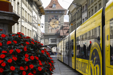 Bern Switzerland - September 14, 2018: At some distance there is a clock tower, which is one of the...