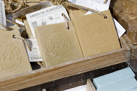 Nice, France - September 23, 2018: Marseille soap also known as Savon de Marseille, is on sale on...