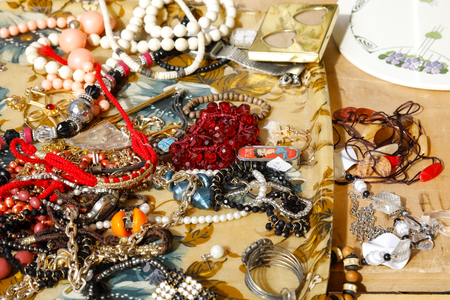 Nice, France - September 17, 2018: Jewelry necklaces , watches, bracelets are exposed for sale at flea market. This was observed during the famous market which is called Cours Saleya.のeditorial素材