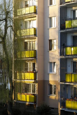 Warsaw, Poland - 23 March 2019: There is a residential building for many families whose balcony covers are made of yellow glass. It is a district of Warsaw, locally known as Goclawのeditorial素材
