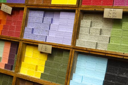 Nice, France - September 18, 2018: Soap cubes of various colors and fragrances are exposed on sale on a stall. These soaps, which are popular souvenirs from Provence, are known as Savon de Marseille.のeditorial素材