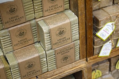 Nice, France - September 18, 2018: Soap cubes, which are on sale, have been pre-packaged and prepared in the form of a gift. Such soaps are popular souvenirs from Provence.のeditorial素材
