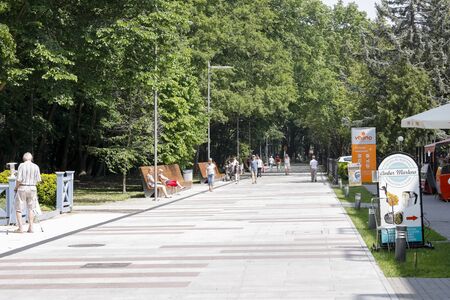 Kolobrzeg, Poland - June 12, 2019: Wide park sidewalk for pedestrians. Along the park, where many old and lush trees grow, there is a wide avenue serving both locals and tourists.のeditorial素材