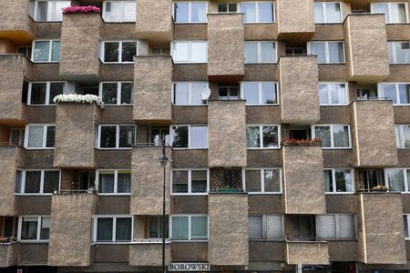 Warsaw, Poland - July 22, 2019: It is a part of the facade of a multi-family building. The balconies...