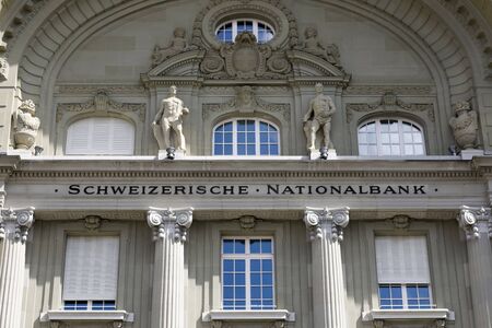Bern, Switzerland - April 17, 2019: The decorative facade of the building which houses the Swiss...