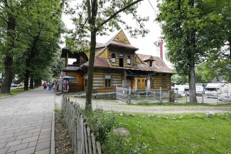 Zakopane, Poland - July 10, 2019: This is a large wooden villa with a local name Turnia. Nowadays this old wooden building is already abandoned and looks damaged.のeditorial素材