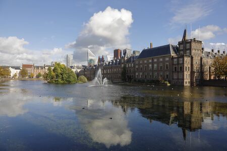The Hague, The Netherlands - October 10, 2019: There is the lake Hofvijver, where on this sunny day you can see a reflection of the buildings of the Dutch Parliament, Binnenhof.のeditorial素材