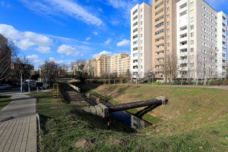 Warsaw, Poland - March 01, 2020: A group of various residential buildings which are only a part of a large housing estate named locally Goclaw.のeditorial素材