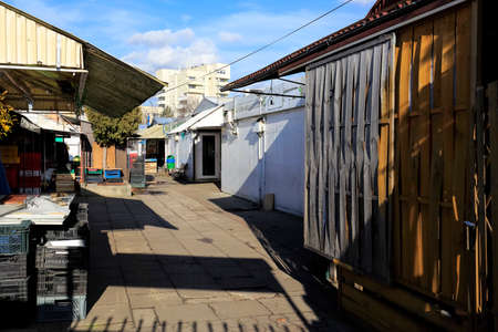 Warsaw, Poland - March 01, 2020: An empty market in the open air, which normally functions in the Goclaw housing estate. Vendors and customers are not there due to the day off.のeditorial素材