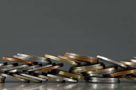 The different coins are arranged and are shown against gray background.