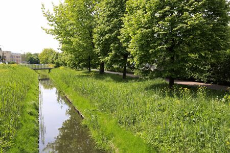 The narrow canal is seen among the lush vegetation of the park. This is a part of housing estate which is known locally as Goclaw.の写真素材