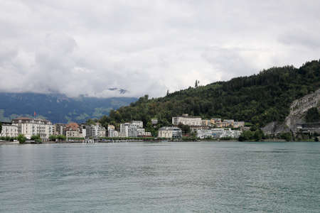 Brunnen, Switzerland - September 01, 2020: Group of buildings which are visible by the Lake Lucerne. This is a part of the municipality of Ingenbohl in the Canton of Schwyz. Vierwaldstattersee.のeditorial素材