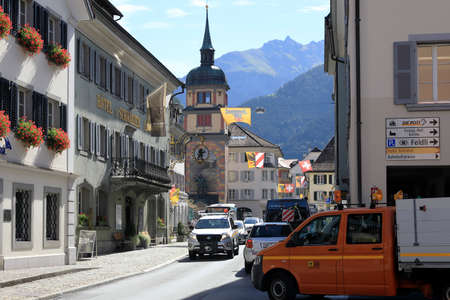 Altdorf, Switzerland - August 27, 2020: There is a street at the end of which is a large monument in honor of Wilhelm Tell, the folk hero of Switzerland.のeditorial素材