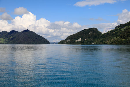 An impressive view of the mountains and the lake. The Lake of the four Cantons.の写真素材
