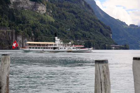 Brunnen, Switzerland - September 01, 2020: Schiller, paddle steamer is on the move. The ship now sails to the next port. The Lake of the four Cantons.のeditorial素材