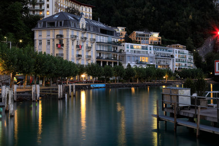 Brunnen, Switzerland - September 01, 2020: A town by the lake seen in the evening. This is a resort on Lake Lucerne in Switzerland in the Canton of Schwyz, part of the municipality of Ingenbohl.のeditorial素材