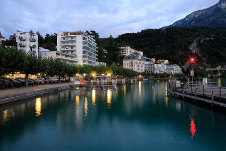 Brunnen, Switzerland - September 01, 2020: The town by the lake is in the evening colors. This is a resort on Lake Lucerne in Switzerland in the Canton of Schwyz, part of the municipality of Ingenbohlのeditorial素材