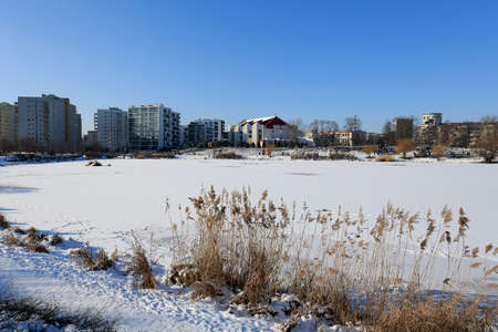 Warsaw, Poland - January 31, 2021: Park land, on the other side of a frozen lake the buildings of a residential area locally called Goclaw can be seen here on a sunny winter day.のeditorial素材