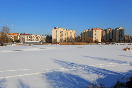 Warsaw, Poland - January 31, 2021: A winter view of the apartment buildings and parkland on the Goclaw estate. Lake is covered with snow.のeditorial素材
