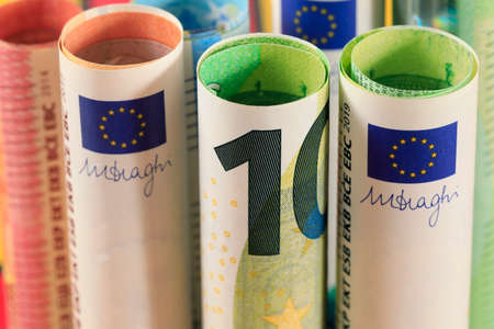 The image of rolled-up Euro banknotes. Euro banknotes are not made of paper, but of pure cotton fiber to improve their durability.の写真素材
