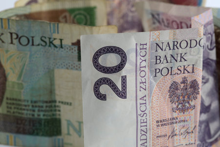 Crumpled banknotes with denominations of twenty and ten Polish zlotys. Currency PLN, paper money.の写真素材