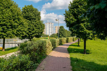 Warsaw, Poland - August 21, 2021: Buildings of flats where many families are housed in the Goclaw...