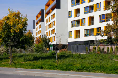 Warsaw, Poland - October 11, 2021: Modern apartment blocks in the Goclaw housing district were built next to each other and are seen here on a sunny day.のeditorial素材