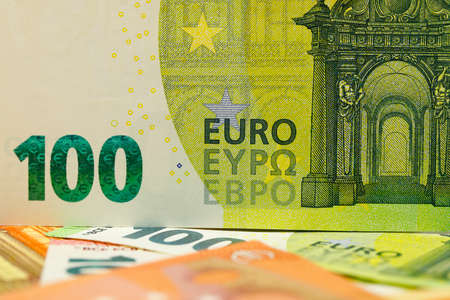 There are European Union banknotes placed next to each other. Euro banknotes are not made of paper, but of pure cotton fiber to improve their durability. EUR currency.の写真素材