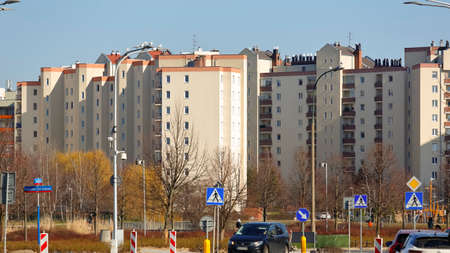 Warsaw, Poland - March 1, 2022: General view of the city district. Multi storey apartment buildings located in the Goclaw housing estate, in the Praga Poludnie district.のeditorial素材