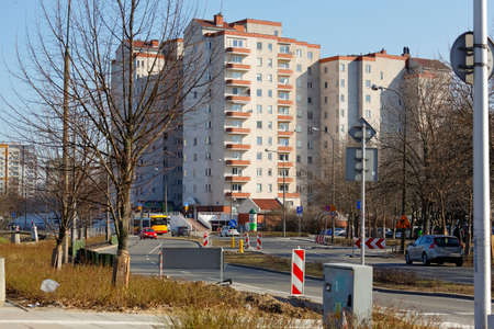 Warsaw, Poland - March 1, 2022: General view of the city district. Multi storey apartment buildings located in the Goclaw housing estate, in the Praga Poludnie district.のeditorial素材