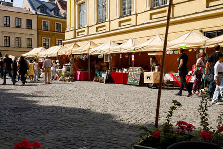 Lublin, Poland - September 11, 2021: The vendors' stalls were lined up next to one of the buildings...