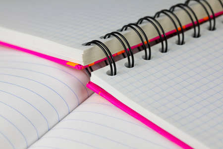The checkered notebook is on top of lined notebook, all of them are open and there are no notes on their pages.の写真素材