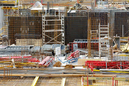 Warsaw, Poland - April 7, 2022: Place of construction of a new apartment block located in the Goclaw housing estate, in the Praga Poludnie district.のeditorial素材