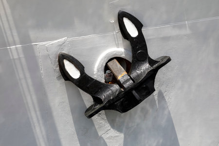 A heavy, black anchor on a white painted side of the ship. A pigeon hid on the anchor