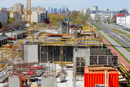 Warsaw, Poland - April 18, 2022: Place of construction of a new apartment block located in the Goclaw housing estate, in the Praga Poludnie district.のeditorial素材