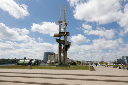 Gdynia, Poland - June 3, 2022: Three Masts or Sails is a sculpture by Wawrzyniec Samp, which was unveiled in 1980 on Kosciuszko Square, i.e. on the southern pier of the portのeditorial素材