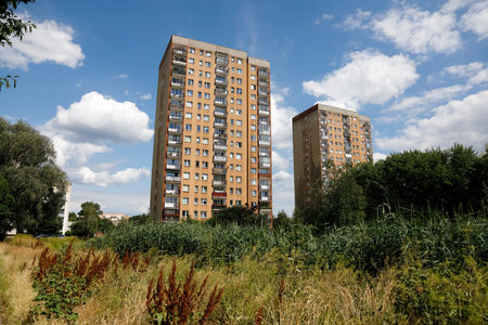 Warsaw, Poland - July 7, 2022: Multi-storey residential buildings in the Goclaw housing estate, in the Praga Poludnie district of the city of Warsaw.のeditorial素材