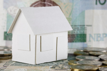 A model of a detached house made of white paper stands on Polish Zloty banknotes and coins which can mean real estate, mortgage or just a paper toy or other meaning of real estateの写真素材