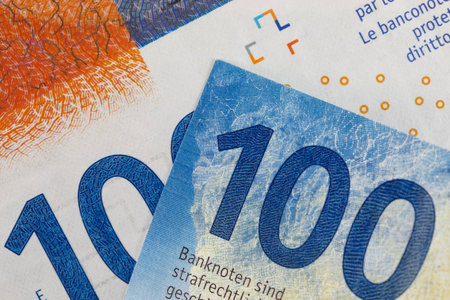 Swiss franc notes can be used as illustrations for many various financial topics. CHF paper money, edition of Swiss banknotes, issued from April 2016 to 2019.の写真素材