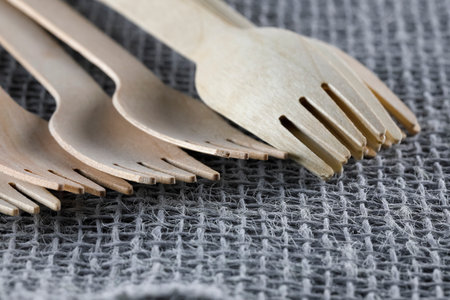 A group of forks made of a natural material such as wood have been placed on a synthetic fiber fabricの写真素材